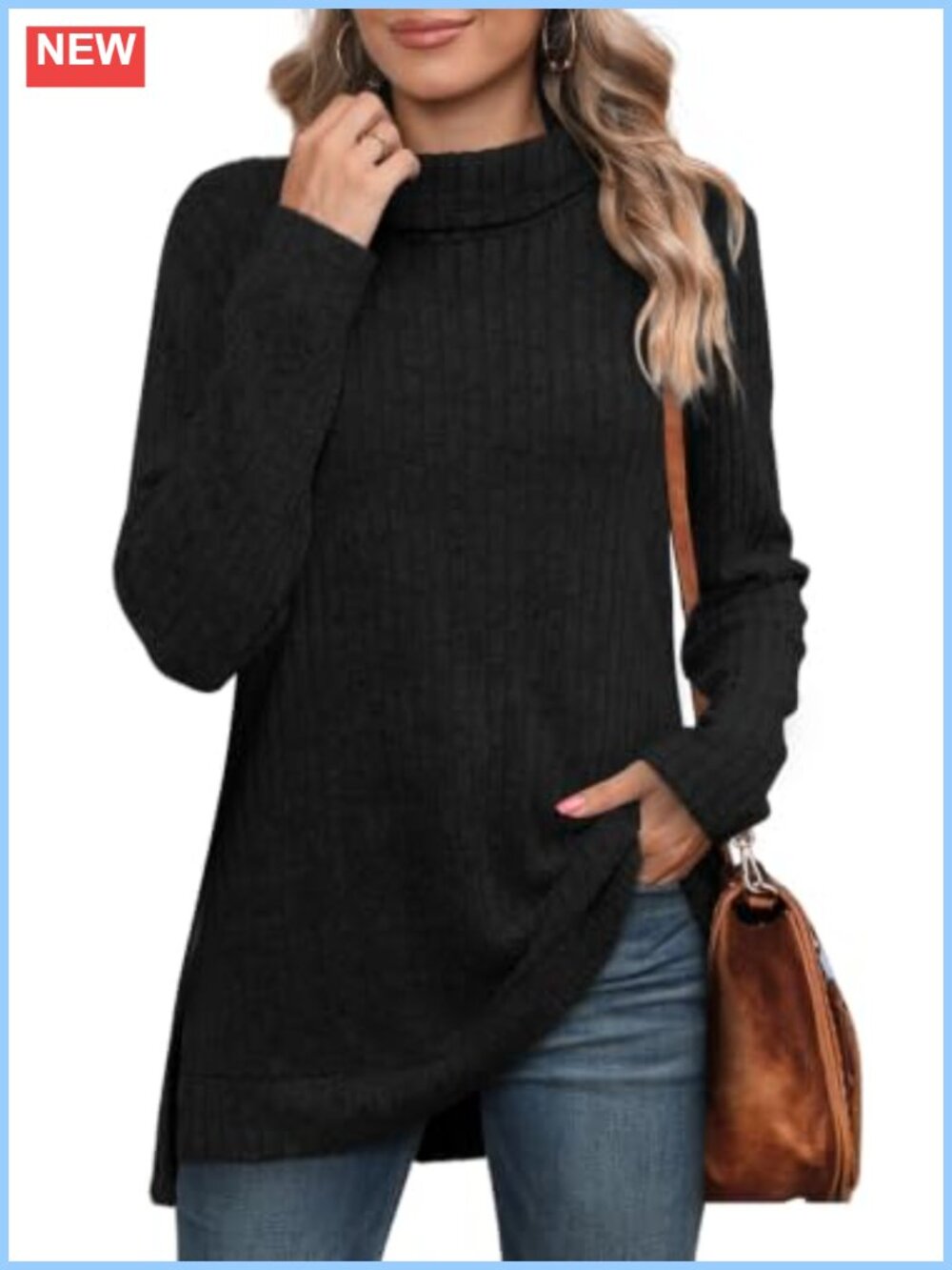 Womens Turtleneck Tunic Top Long Sleeve Oversized Sweater High Low Hem